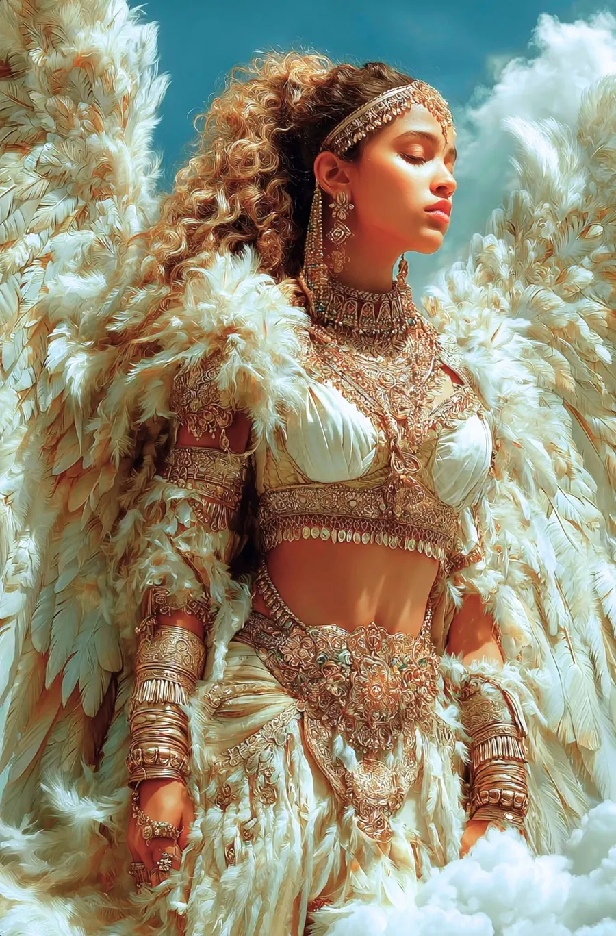 Oracle Nova: a woman with golden feathered wings standing among clouds