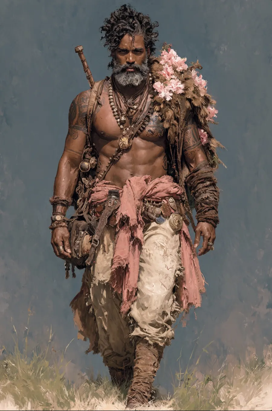 King Olympus: a grounded warrior walking through tall grass, flowers at his shoulder