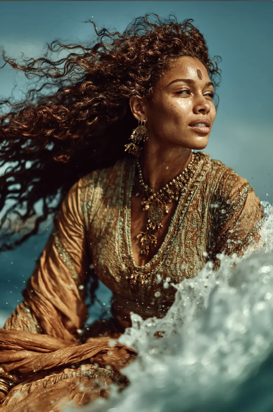 Queen Abyss: a woman in gold rising from a cresting wave