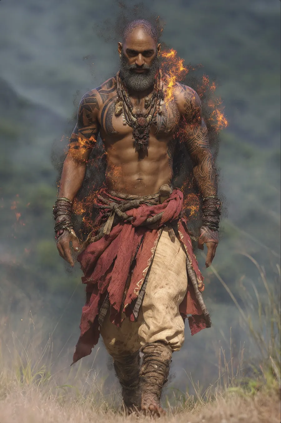 Father Sun: a warrior walking forward with flame at his shoulder