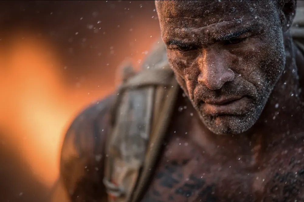 Flame: a soot-marked man lit by fire, eyes lowered
