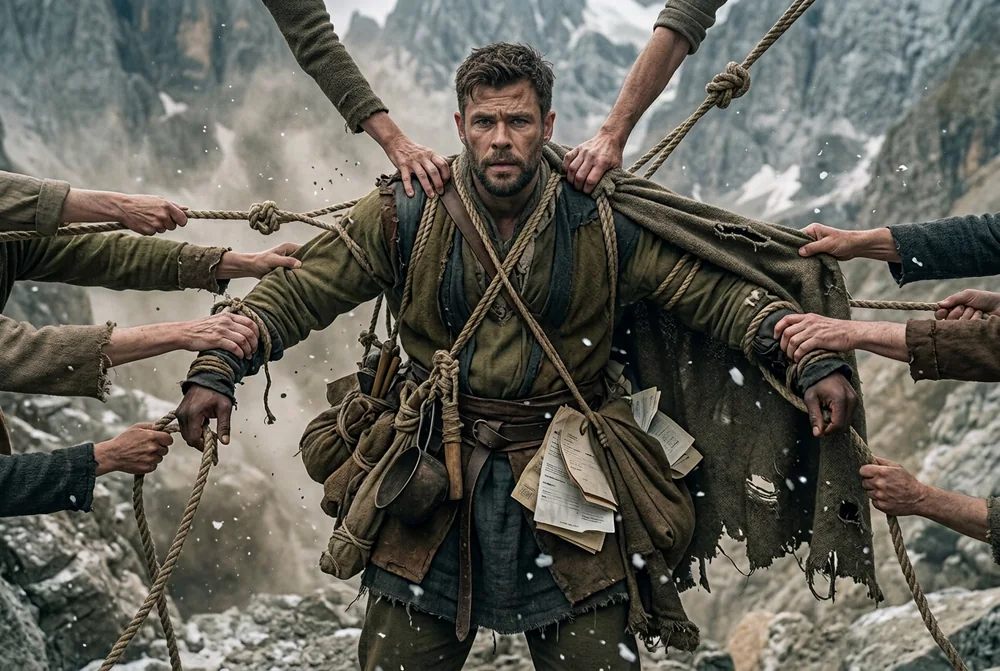 Avalanche, The Provider Prisoner: an overwhelmed Caucasian man pulled in every direction by hands, ropes and responsibilities