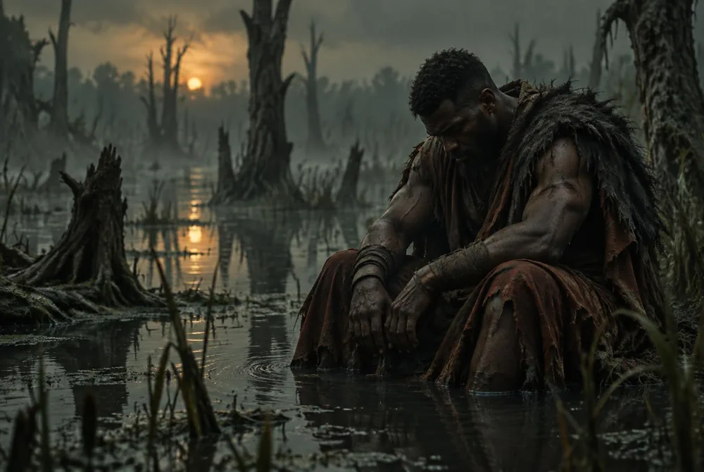 Swamp: an exhausted man in a torn rust robe slumped in dark swamp water, head bowed
