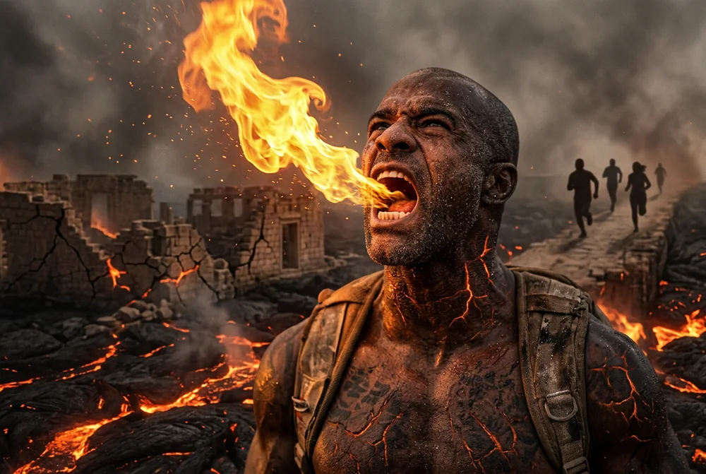 Lava: a furious man spitting flames amid ruined structures as people flee from him