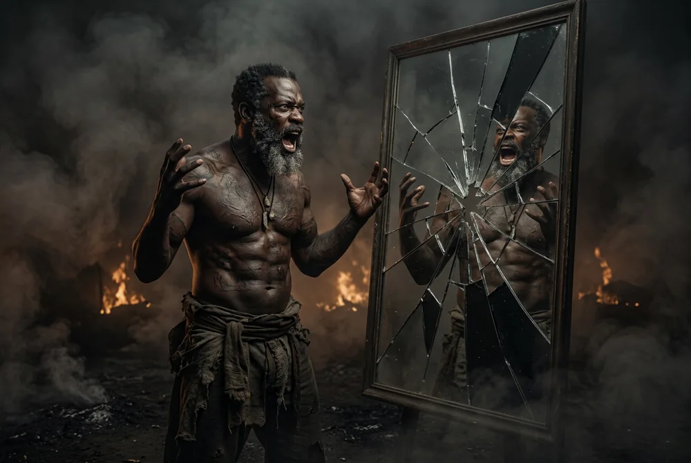 Smoke: a man alone talking loudly to a broken mirror in a smoke-filled realm