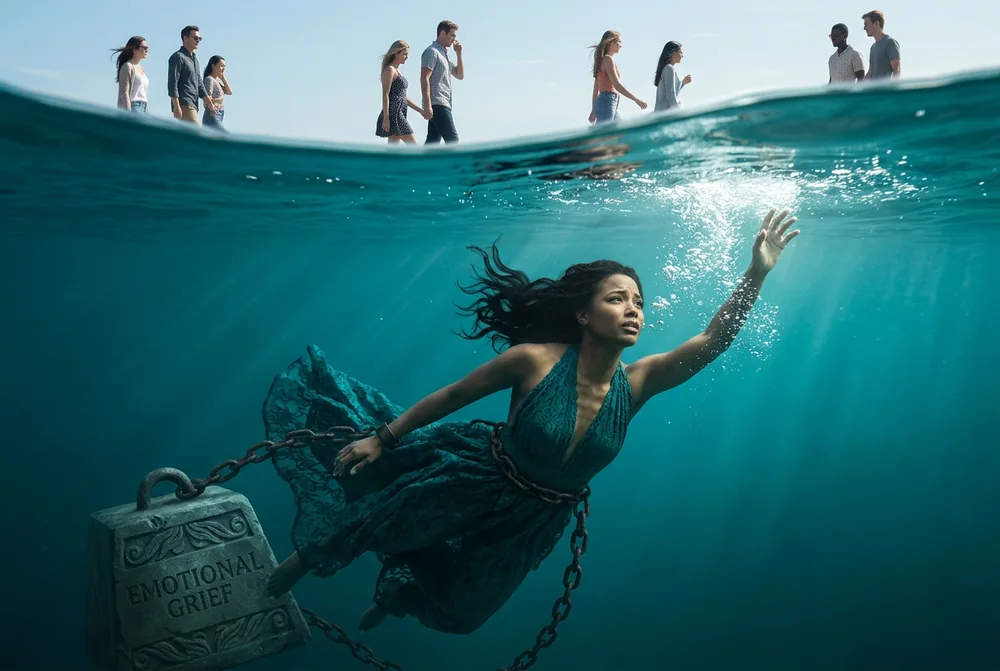 Flood: a grieving woman chained underwater reaching toward the surface while others walk on the water above her