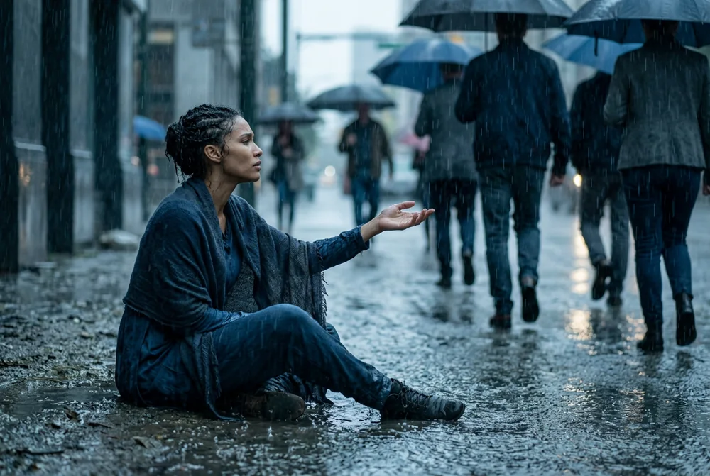 Trickle: an exhausted woman reaching out her hand in the rain while people walk past without helping