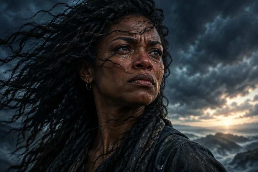HER-RICANE: an angry, tearful woman with storm-whipped hair before dark churning clouds