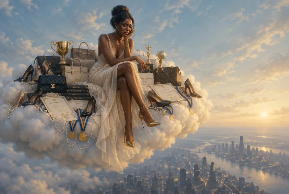 Ms. Void: a crying, upset woman alone on a cloud of purses, shoes and accomplishments, disconnected from the world beneath her